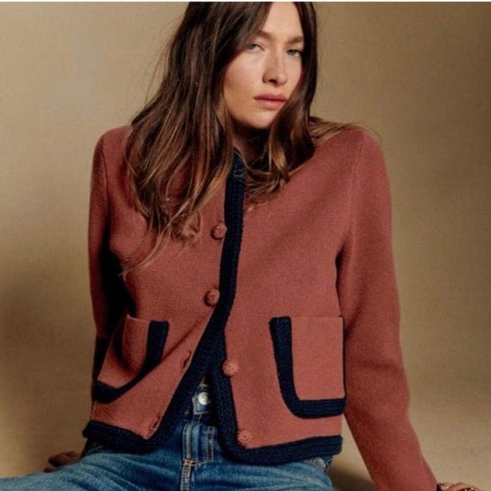 Sezane Auguste Knit Jacket in Havana Brown Sz XL
